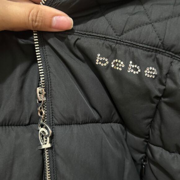 Y2K Bebe size medium black cropped puffer jacket missing fur Rhinestone logo - Picture 11 of 15
